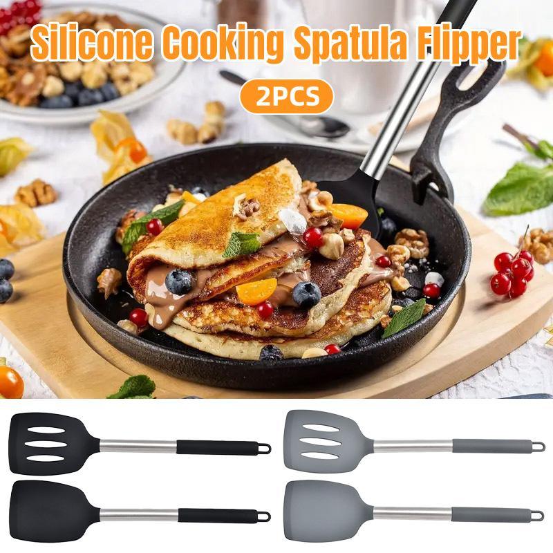 2pcs Silicone Cooking Utensils Stir Fry Spatula Kitchen Tools Non Stick Cookware - Black