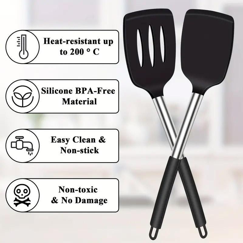 2pcs Silicone Cooking Utensils Stir Fry Spatula Kitchen Tools Non Stick Cookware - Black 5