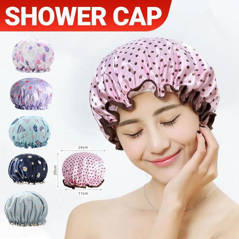 Double Layer Lux Shower Cap Bath Hat Hair Care Women Sleep Waterproof Reusable - Pink