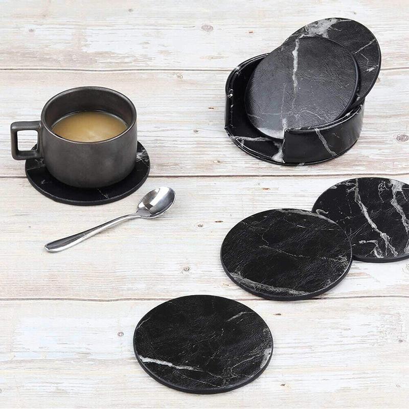 6x Coasters with Holder Marble Texture Round Cup Mat Pad Set For Drinks - Marble Black 5