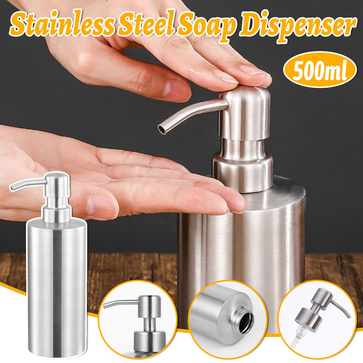 Soap Dispenser 500ml Stainless Steel Pump Silver Bathroom Liquid Container