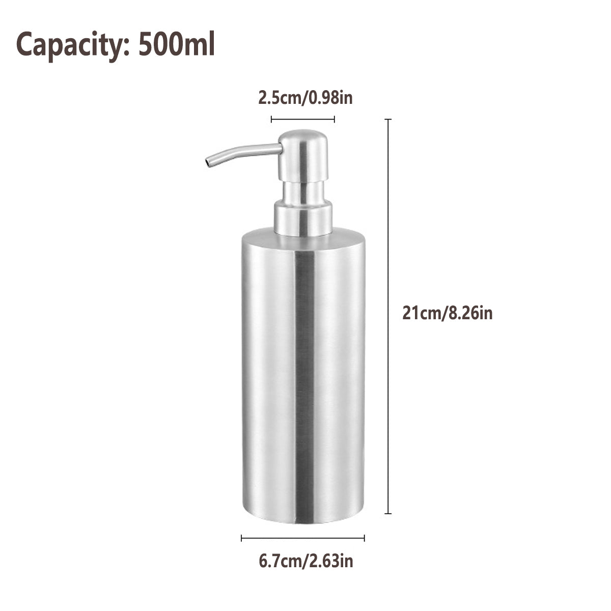 Soap Dispenser 500ml Stainless Steel Pump Silver Bathroom Liquid Container 3