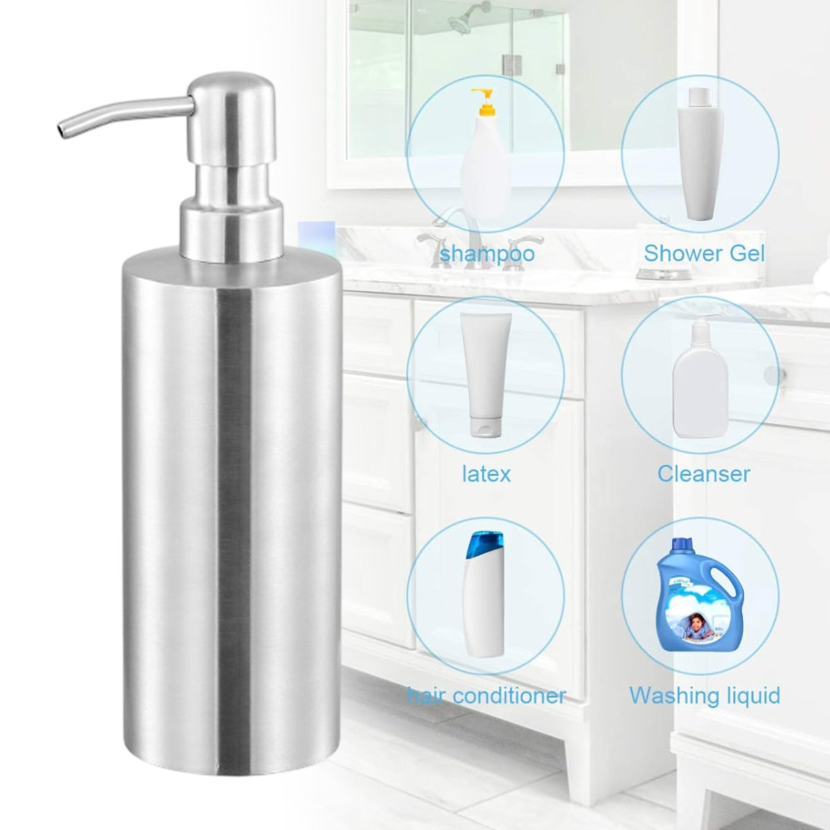 Soap Dispenser 500ml Stainless Steel Pump Silver Bathroom Liquid Container 4