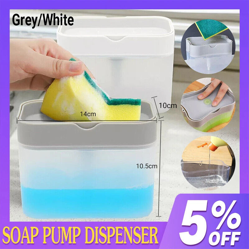 2 In 1 Soap Pump Dispenser Sponge Holder Dish Washing Liquid Container Kitchen - Grey