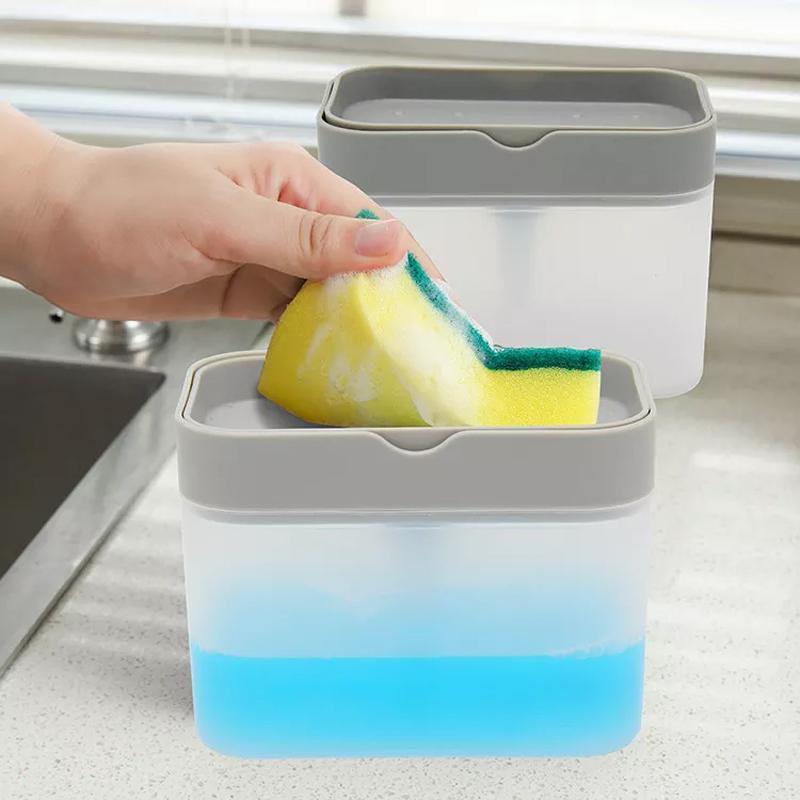 2 In 1 Soap Pump Dispenser Sponge Holder Dish Washing Liquid Container Kitchen - White 4