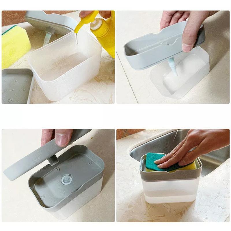 2 In 1 Soap Pump Dispenser Sponge Holder Dish Washing Liquid Container Kitchen - White 5