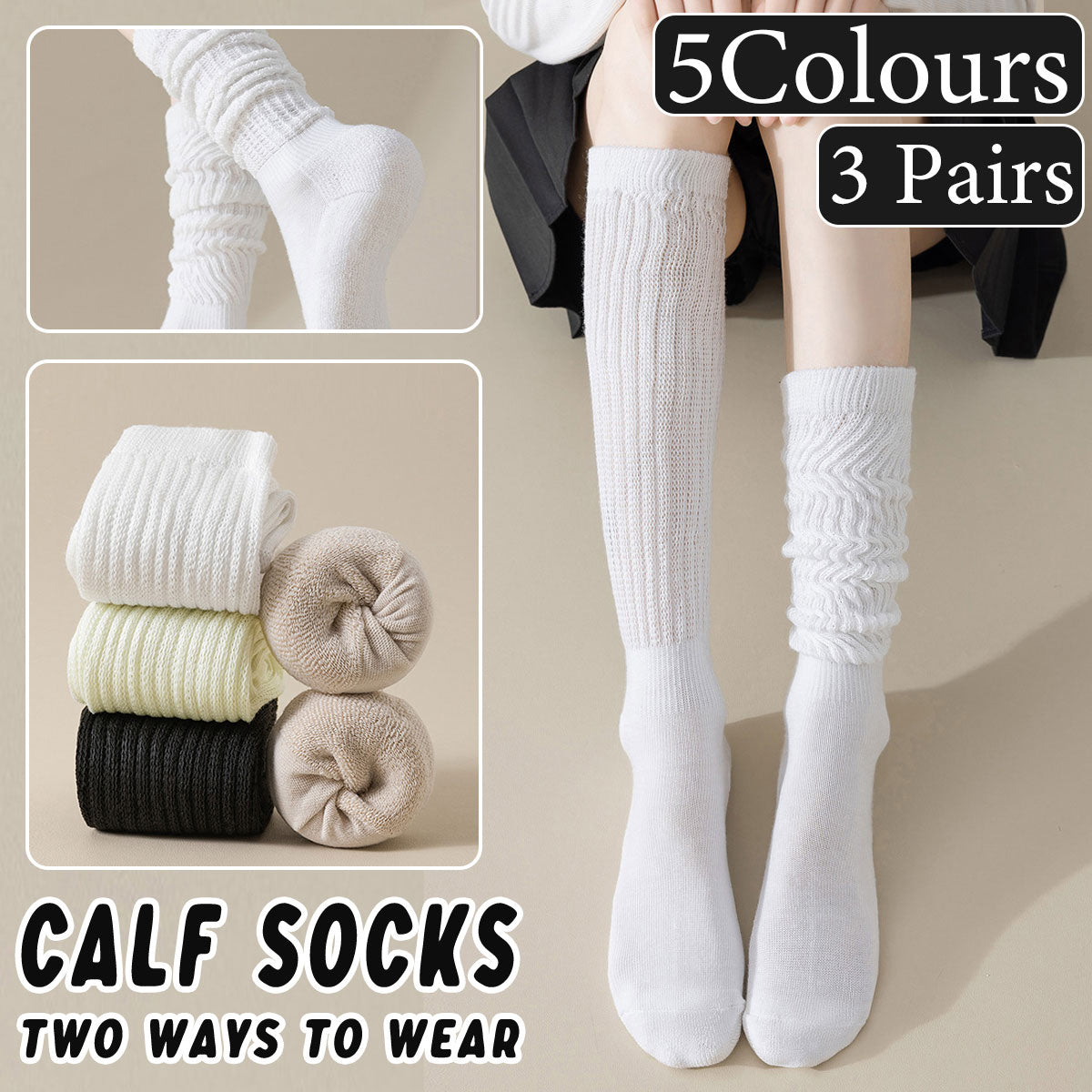 3Pairs Warm Calf Socks Stack Stockings Winter Fall Over Knee High Thick Socks Set - White