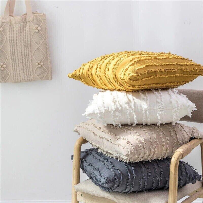 Boho Tassel Fringe Striped Cushion Cover Soft Home Decor Sofa Throw Pillow Case - White 3