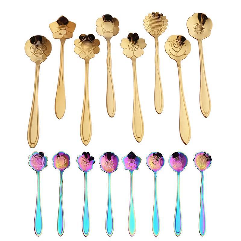 8X Spoon Long Handle Dessert Tea Coffee Mixing Spoon Stainless Steel Teaspoon - Rainbow