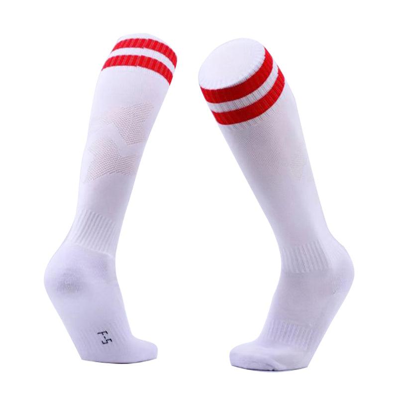 Mens Womens Sports Breathable Tube Long High Socks Knee Warm Casual Footy Soccer - White+Blue 10