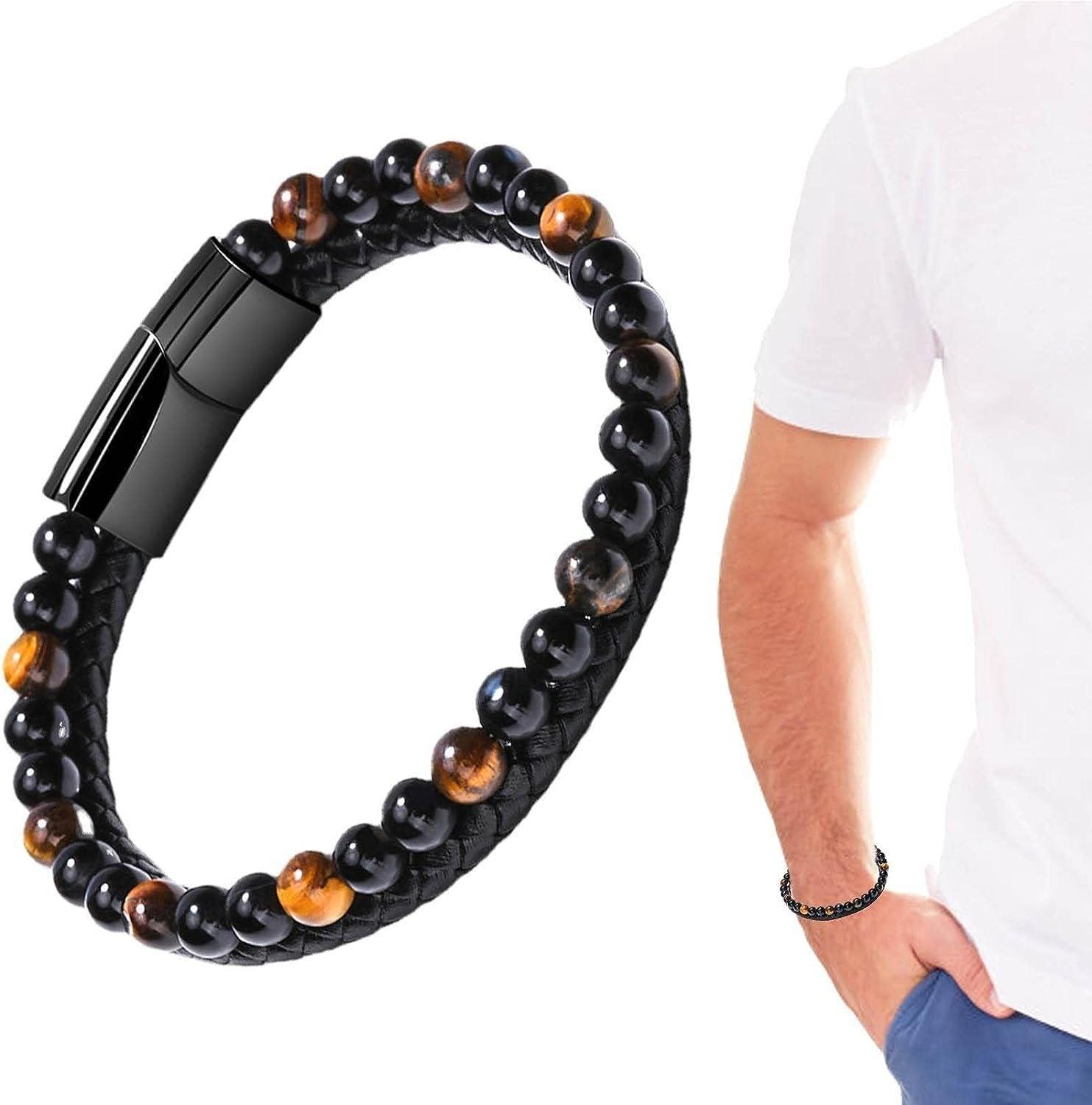 Tiger Eye Natural Stone Beaded Bracelet Women Men Elasticity Bangle hand Jewelry - Grey Lava 5