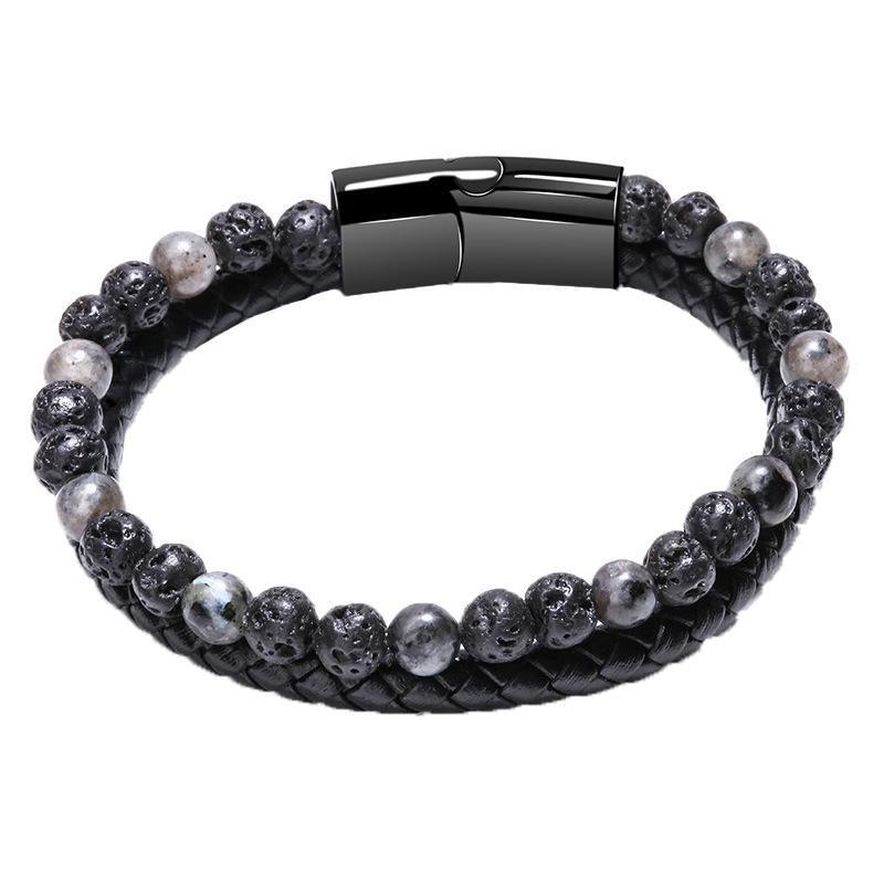 Tiger Eye Natural Stone Beaded Bracelet Women Men Elasticity Bangle hand Jewelry - Grey Lava 8