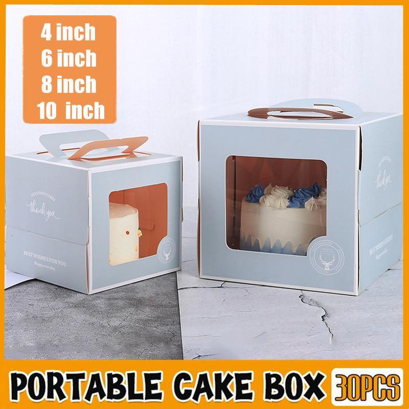 30PCS Grey Portable Cake Boxes Display Window Packing Case with Handle Birthday - 8 inch