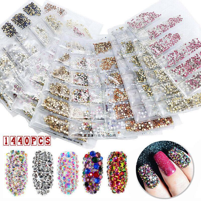 1440Pcs Glitter Rhinestones Crystal Clear Flat Bottom Glass Nail Art Nail Drill - Coffee