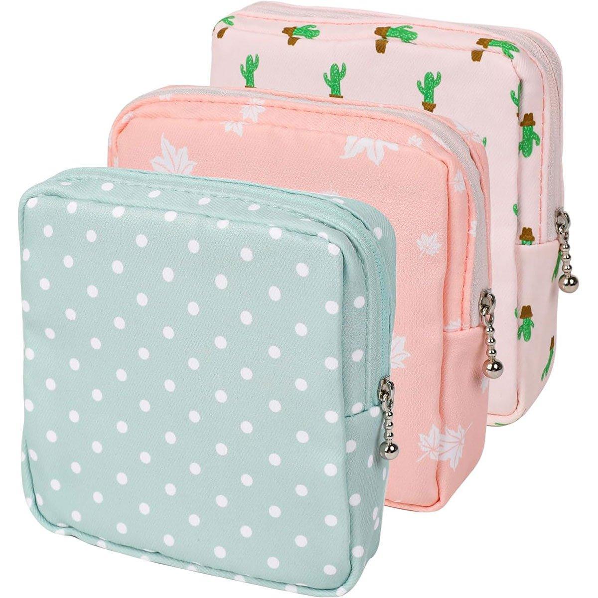 3PCS Cotton Sanitary Napkin Storage Bag Pink Leaves Cactus Dots Portable Pouch