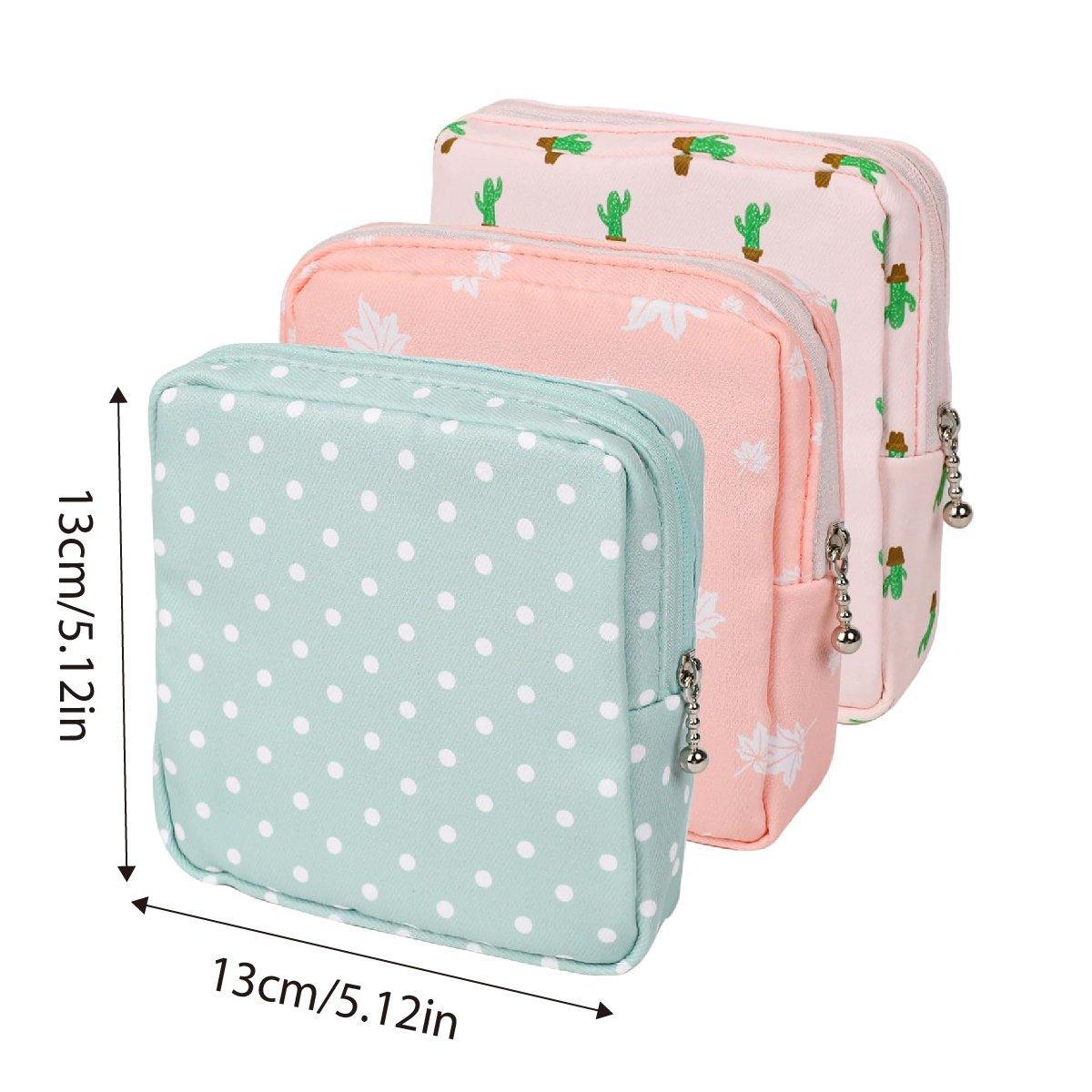 3PCS Cotton Sanitary Napkin Storage Bag Pink Leaves Cactus Dots Portable Pouch 3