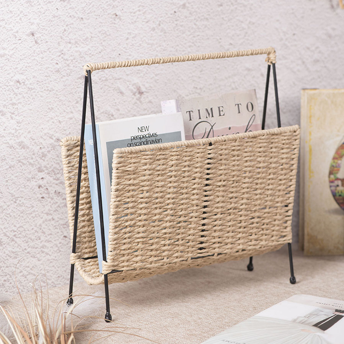 Natural Handwoven Magazine Rack Tabletop Bookshelf Newspaper Storage Basket 4