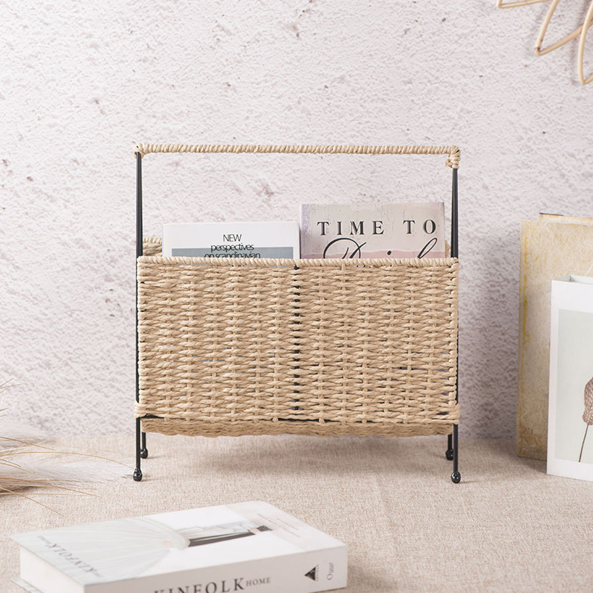 Natural Handwoven Magazine Rack Tabletop Bookshelf Newspaper Storage Basket 5