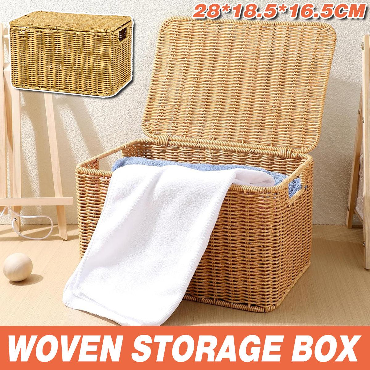Storage Box Bedroom Organizer Faux Rattan Woven Basket with Lid Home