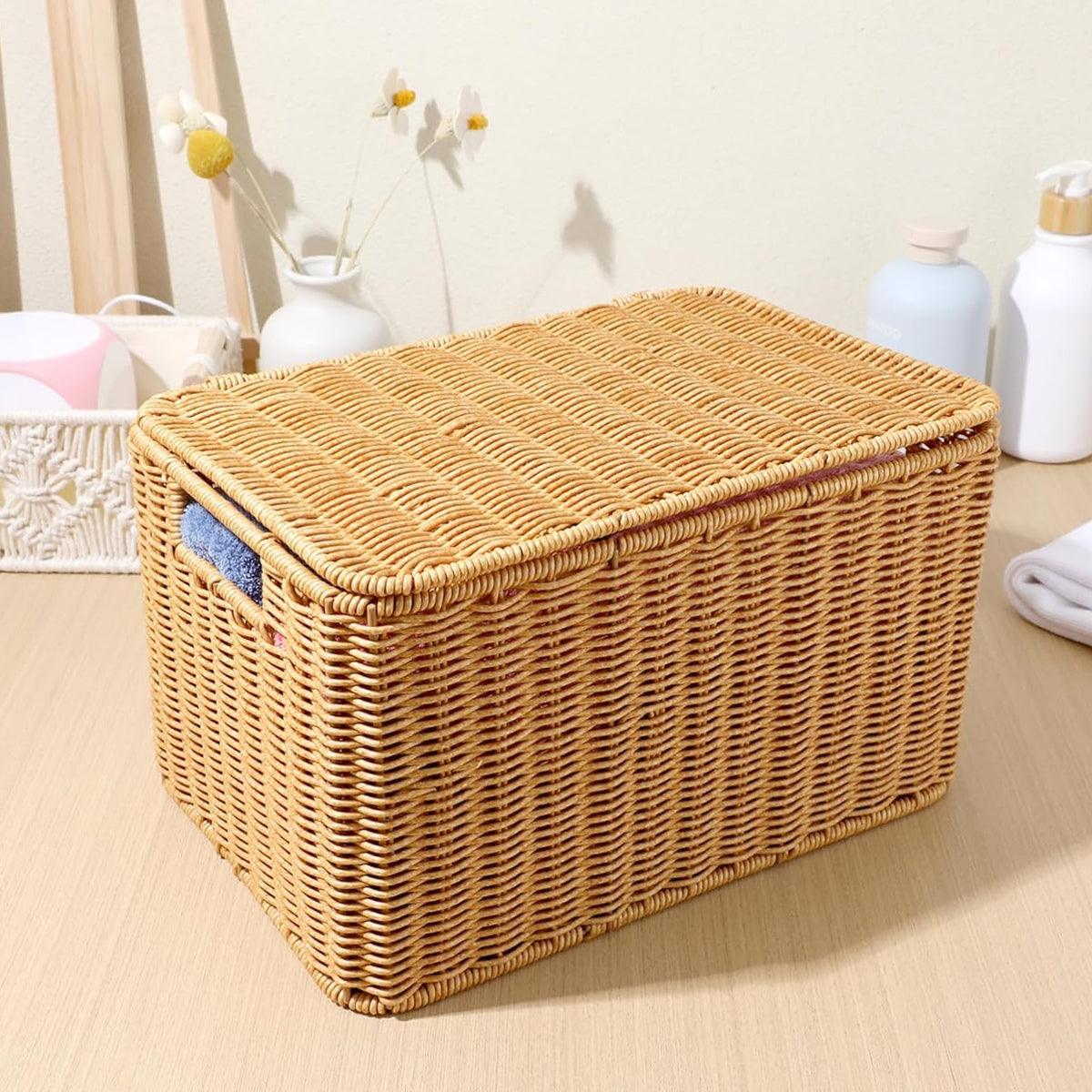 Storage Box Bedroom Organizer Faux Rattan Woven Basket with Lid Home 4