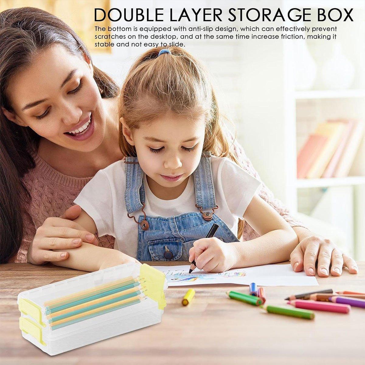 3PCS Clear Plastic Desktop Storage Box 2 Layer Holder DIY Stationery Pencil Case - Yellow 4