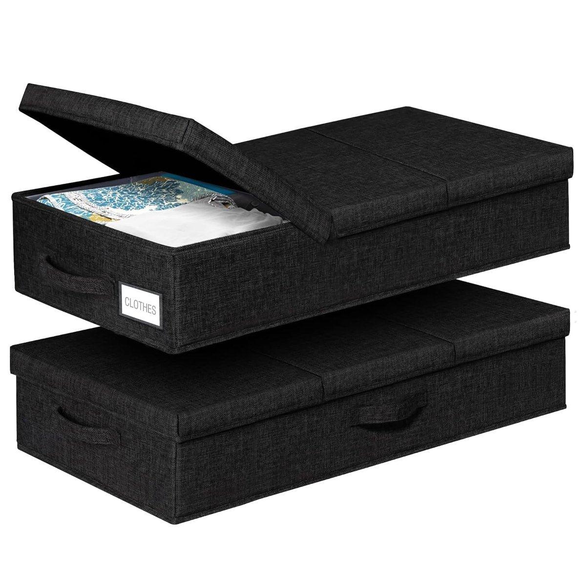 2PCS Black Foldable Storage Box Underbed with Lid Fabric Wardrobe Organizers