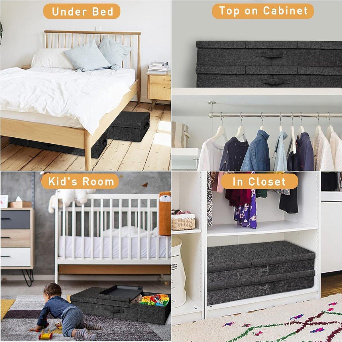 2PCS Black Foldable Storage Box Underbed with Lid Fabric Wardrobe Organizers 4