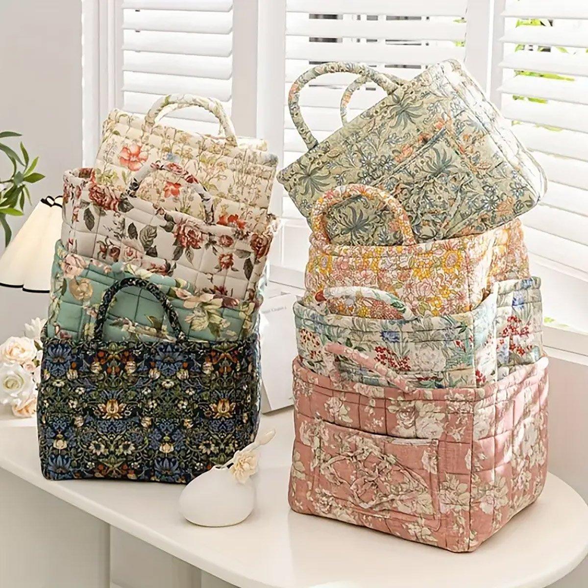 Portable Fabric Storage Basket Korean Pastoral Style Organizer for Home Sundries - Floral2 5