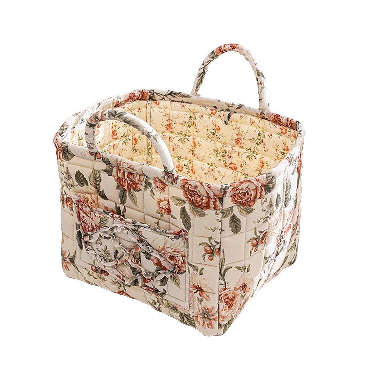 Portable Fabric Storage Basket Korean Pastoral Style Organizer for Home Sundries - Floral2 11