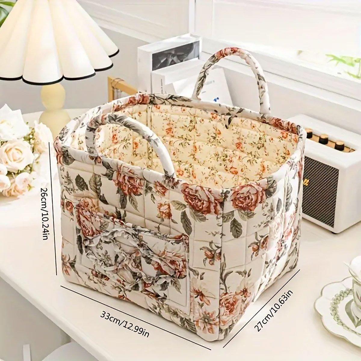 Portable Fabric Storage Basket Korean Pastoral Style Organizer for Home Sundries - Floral5 3