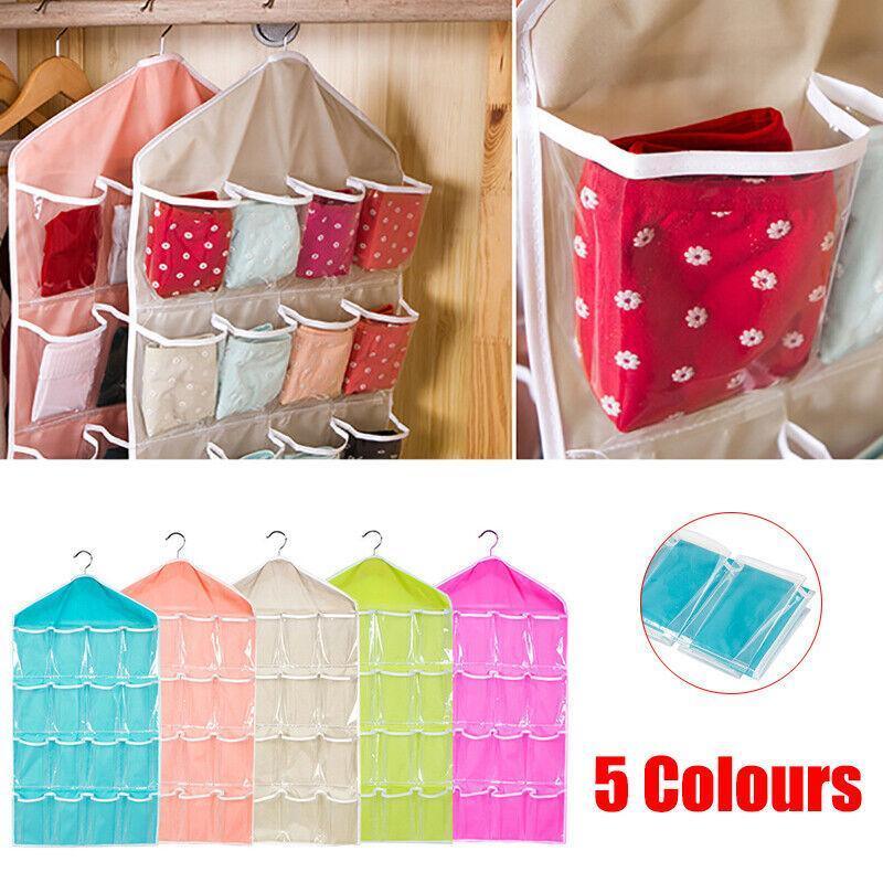 16 Pockets Hanging Wardrobe Storage Organizer Bag for Socks and Underwear - Cream