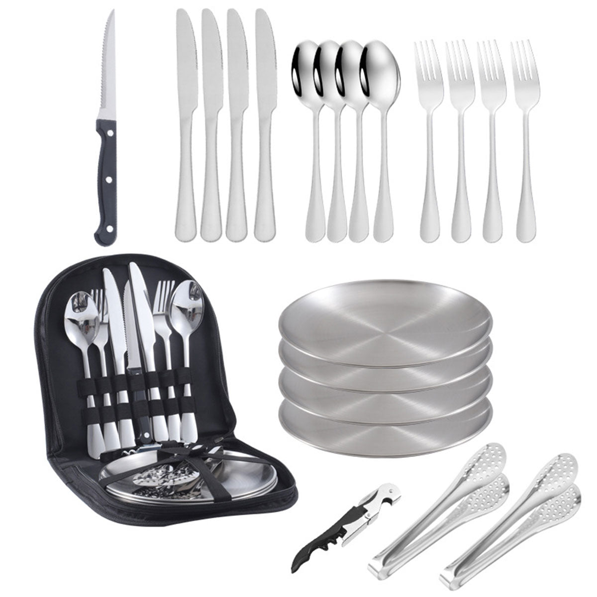 10/20PCS Camping Cutlery Set Outdoor Picnic Utensils Plates Spoons Forks Knives - Black-2 People 8