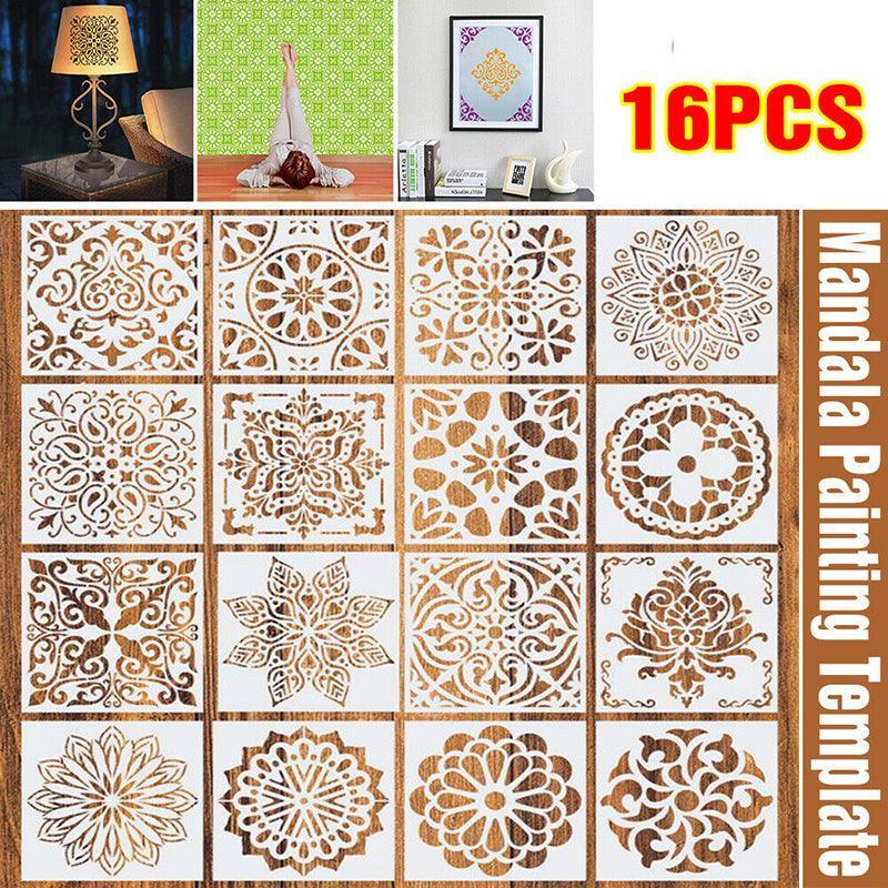 16 Pack Mandala Painting Stencils Drawing Dot Templates For Floor Wall DIY Decor