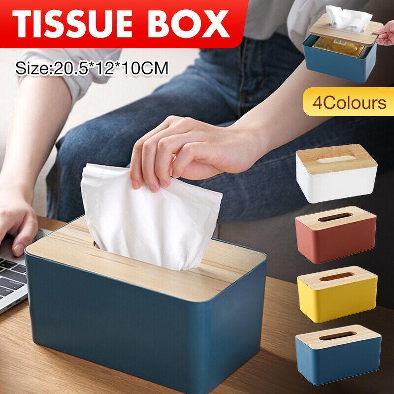 Wooden Lid Tissue Storage Box Dispenser for Napkins Desk Paper Holder Organiser - Blue