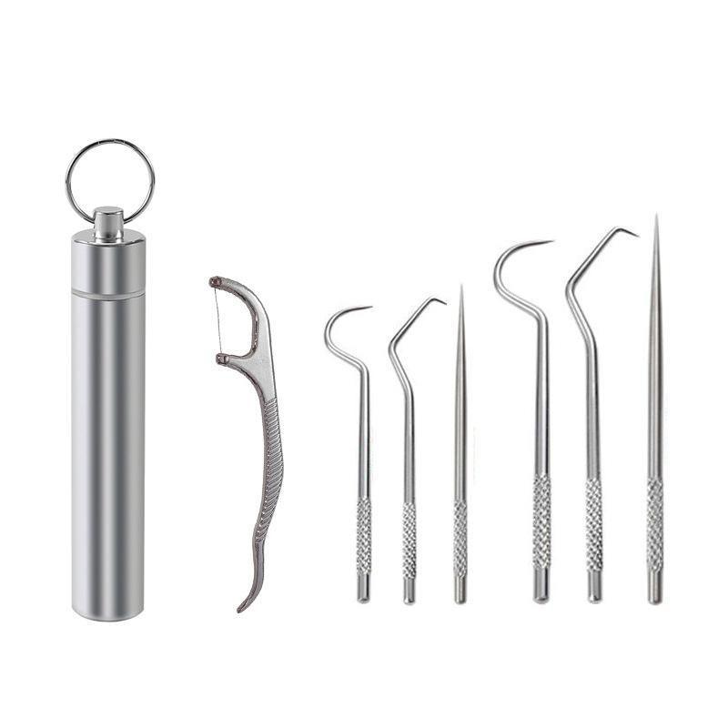 8Pcs Stainless Steel Toothpick Set Metal Flossing Portable Toothpick Box Holder