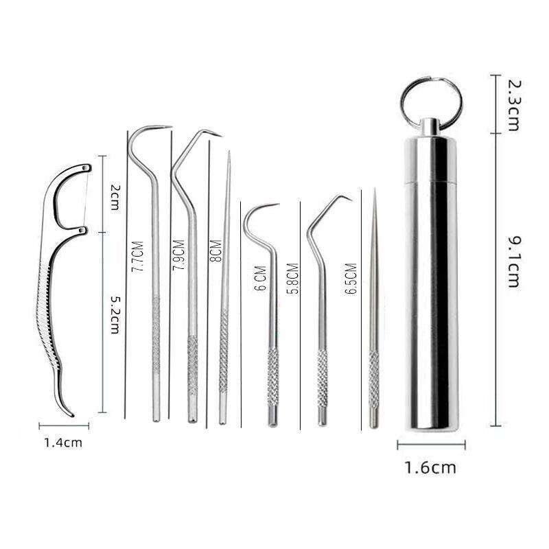 8Pcs Stainless Steel Toothpick Set Metal Flossing Portable Toothpick Box Holder 4