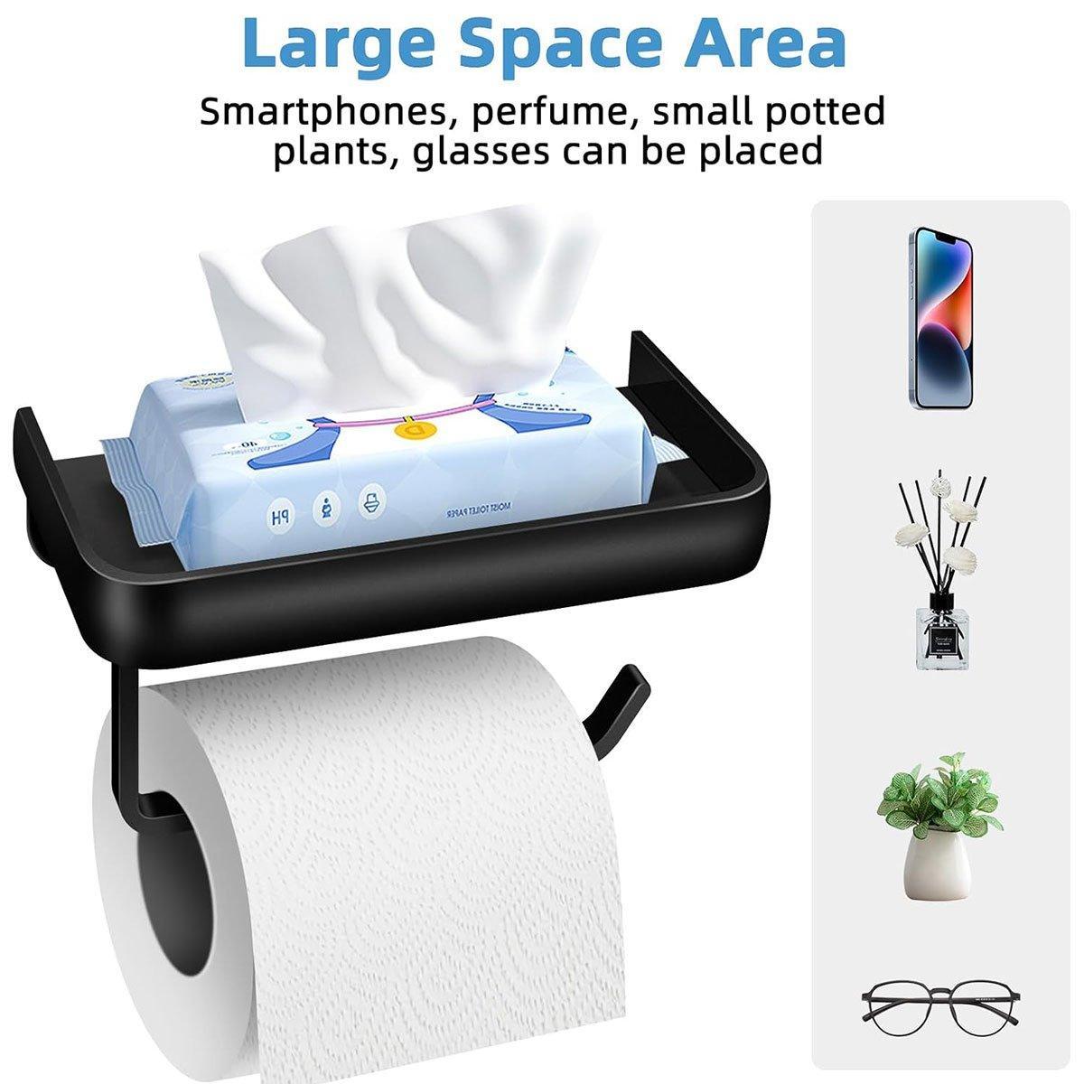 Wall Mounted Aluminum Toilet Paper Holder Non-perforated Tissue Cell Phone Shelf - Black 5