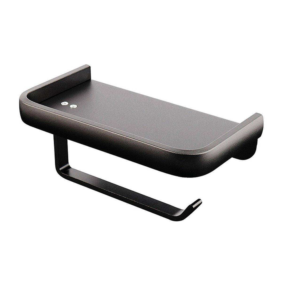 Wall Mounted Aluminum Toilet Paper Holder Non-perforated Tissue Cell Phone Shelf - Black 6