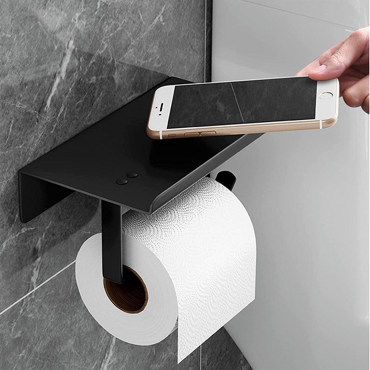 304 Stainless Steel Toilet Paper Holder Non-perforated Roll with Phone Rack - Black 5