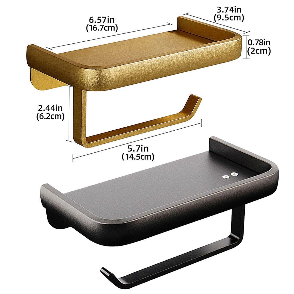 Wall Mounted Aluminum Toilet Paper Holder Non-perforated Tissue Cell Phone Shelf - Golden 3