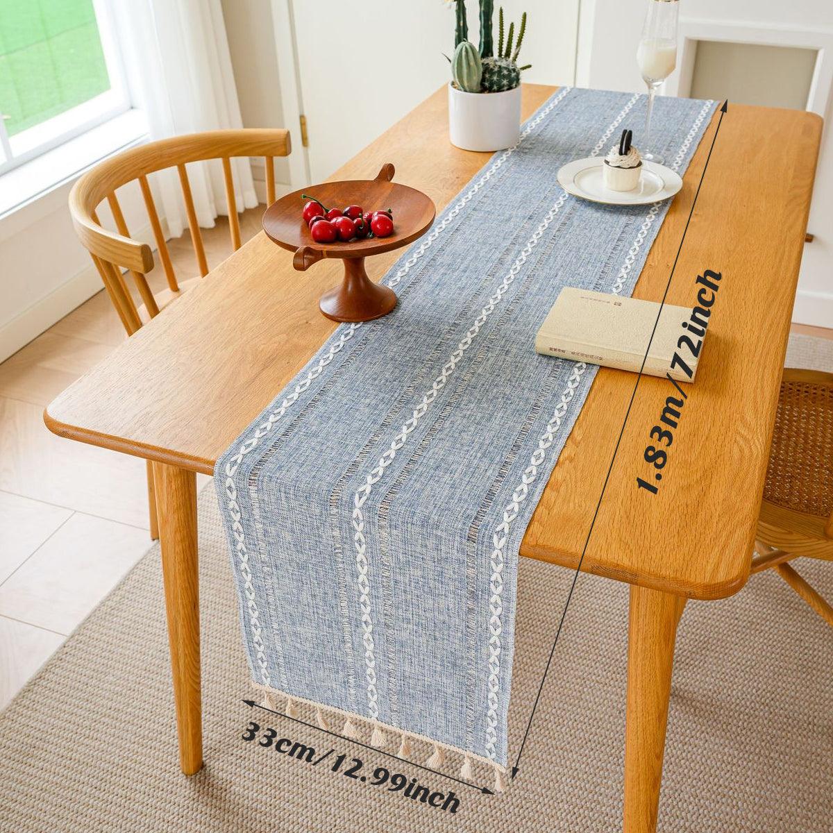 Solid Colour Woven Hollow Fringe Table Runner Home Dining Tablecloth Decoration - 33x183cm-Green 4