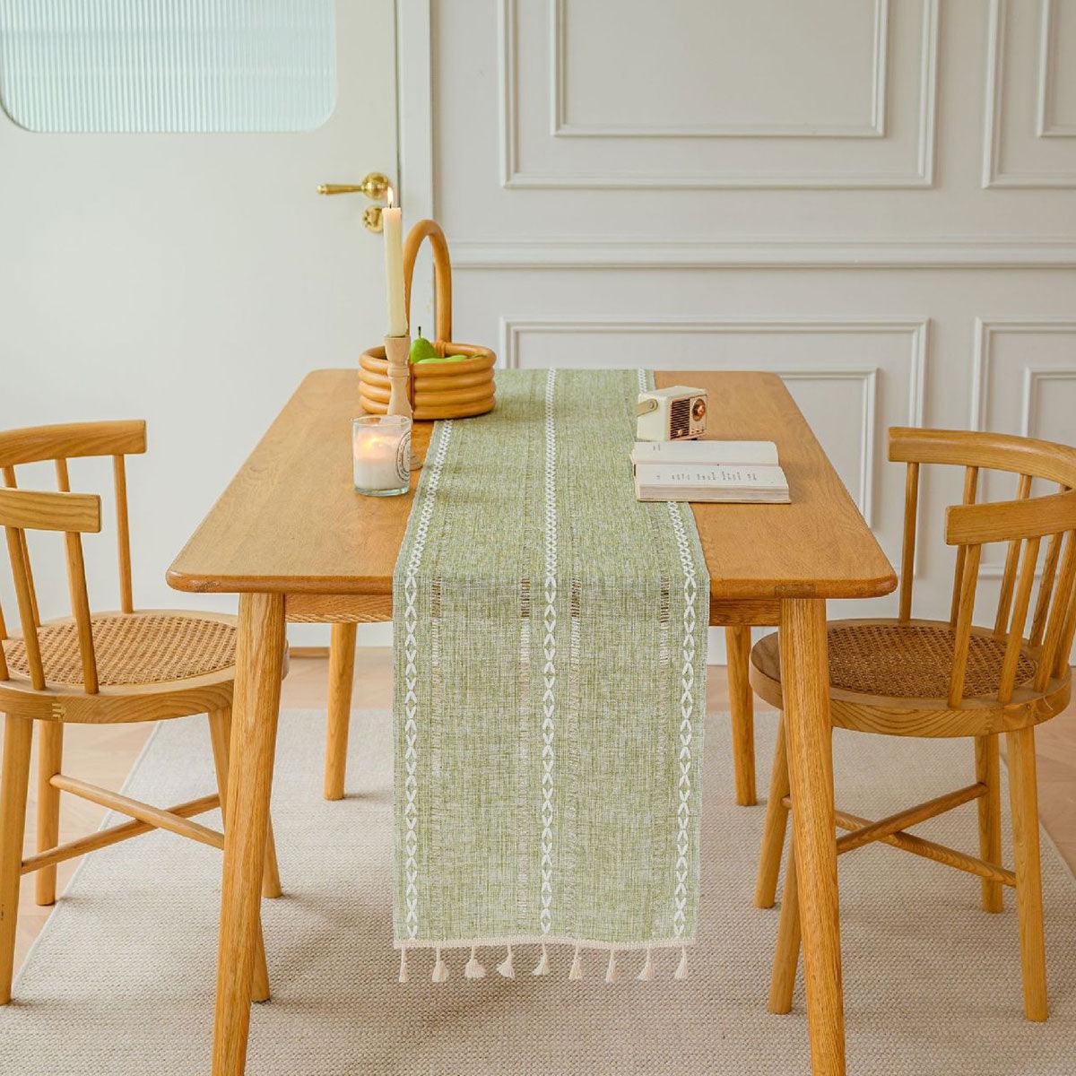 Solid Colour Woven Hollow Fringe Table Runner Home Dining Tablecloth Decoration - 33x183cm-Green 5