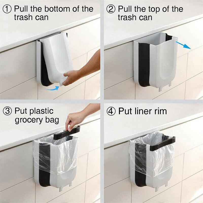 9L Hanging  Bin Wall Mounted Folding Waste Bin Kitchen Dining Cabinet Trash Can - White 5