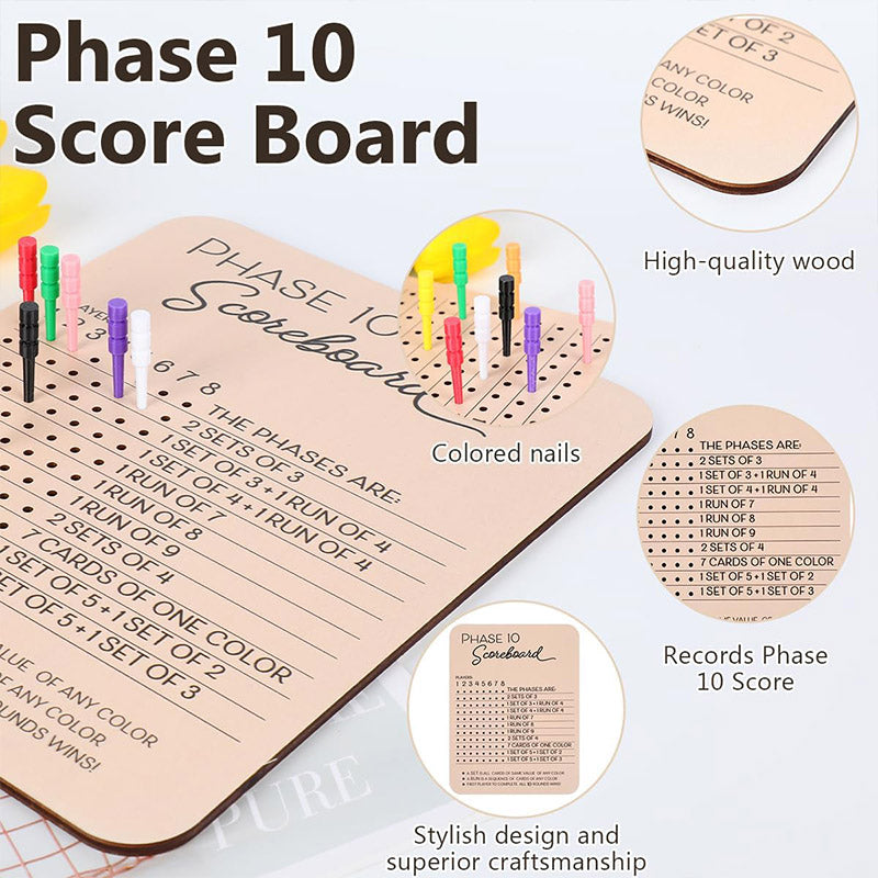 Phase 10 Score Board Wooden Phase 10 Scorecard Reusable for Family Game Tabletop 4