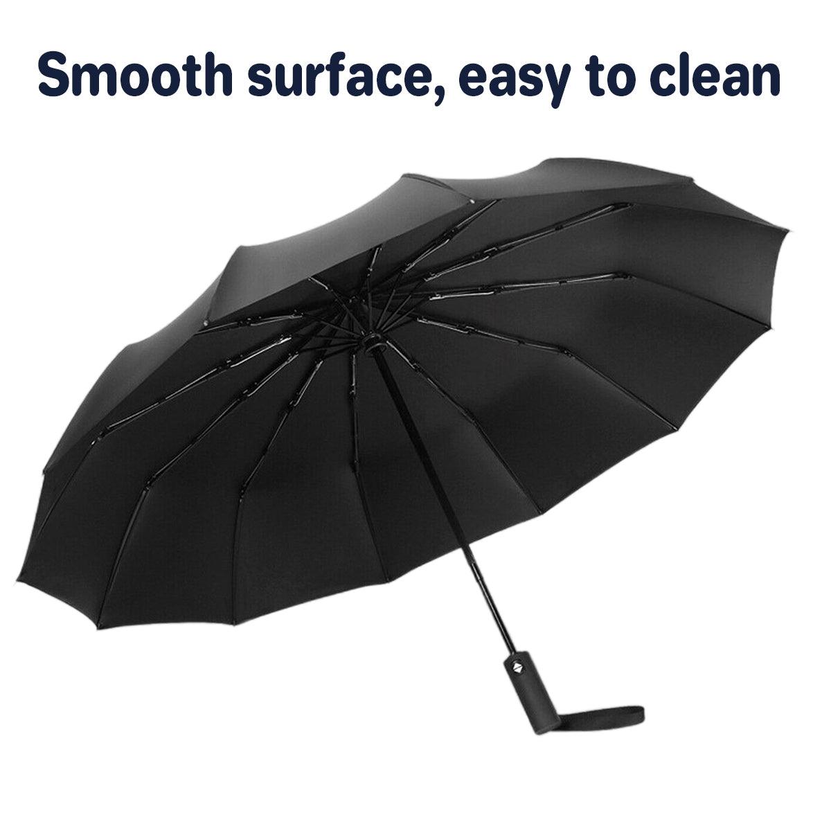 Automatic Folding Umbrella 12-Rib Large Windproof Sunshade for Men and Women - Black 4