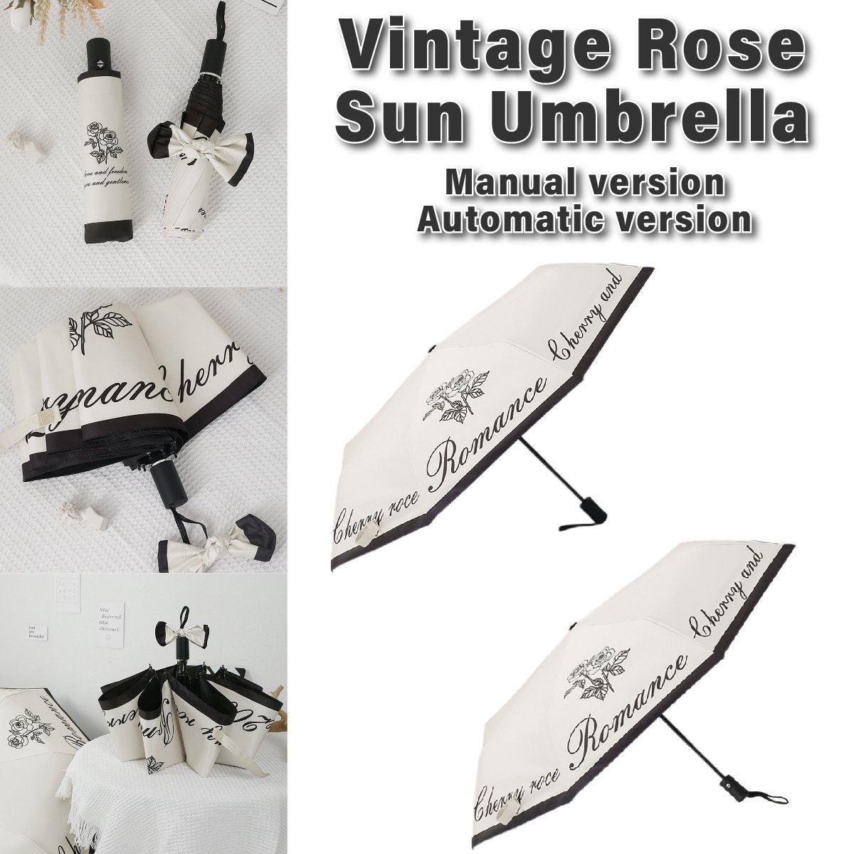 Vintage Rose UV Protection Automatic Manual Tri-fold Sun Rain Umbrella Sunshade - Manual