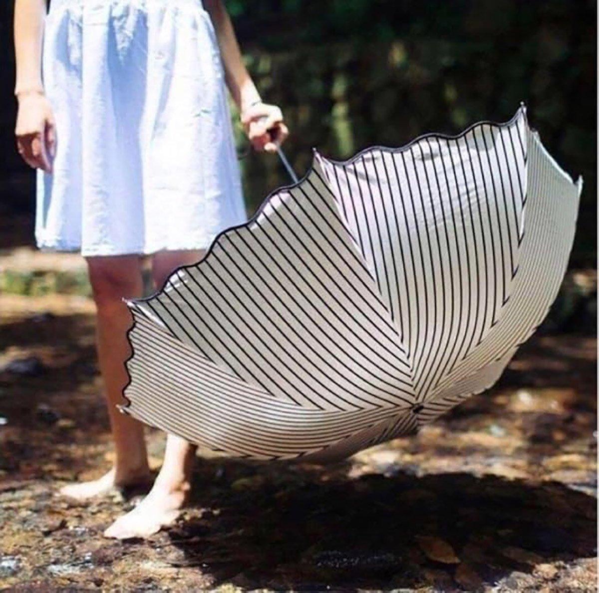 Stripe Sun Umbrella Rainy Folding Umbrella Women Sunscreen Black Rubber Sunshade 4