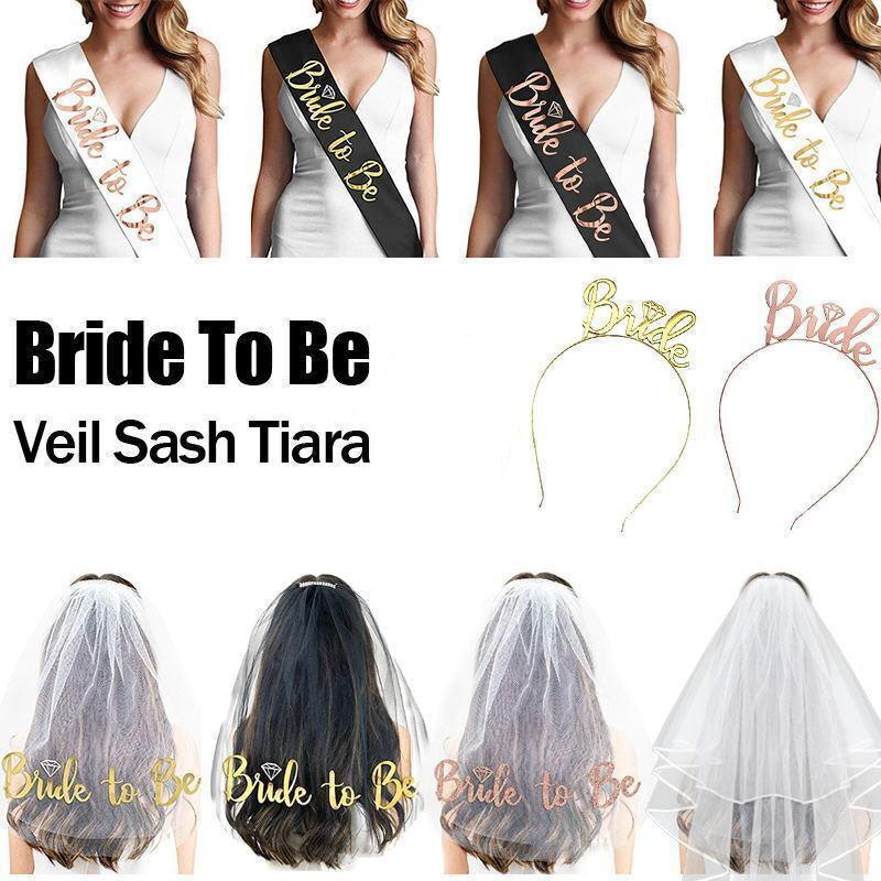 Bride To Be Hen Veil Sash Tiara Hens Night Bridal Shower Kitchen Tea Accessories - Black/Gold Veil