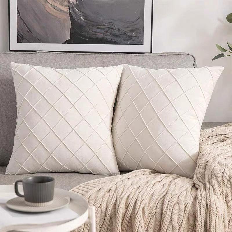 Velvet Cushion Cover Pleated Checked Plaid Plush Decorative Lounge Cushion Cover - Black 5