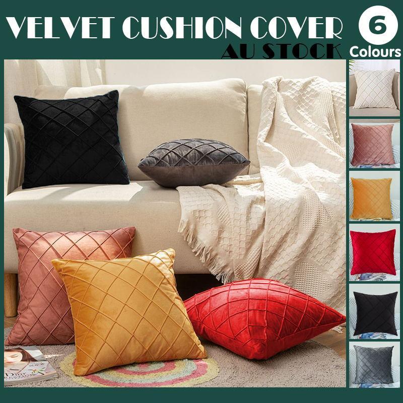 Velvet Cushion Cover Pleated Checked Plaid Plush Decorative Lounge Cushion Cover - White